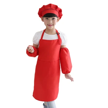 

Kids Full Apron Bib Set with Pocket and Hat Sleeves Craft Kitchen Chef Cooking Art Children Diy Apparel Red