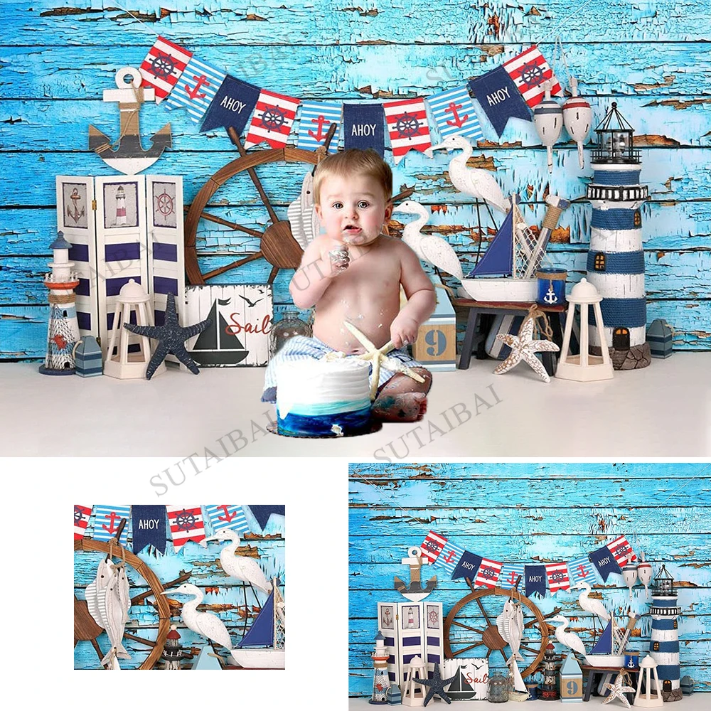 Голубой фон для фотосъемки с морской тематикой Чайка Маяк якорь лодка фотофоны