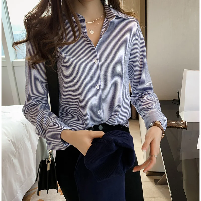 

2019 Autumn Clothing New Style Korean-style Sweet Versatile Striped Shirt Women's Fat Mm Non-mainstream Young Loose-Fit Shirt