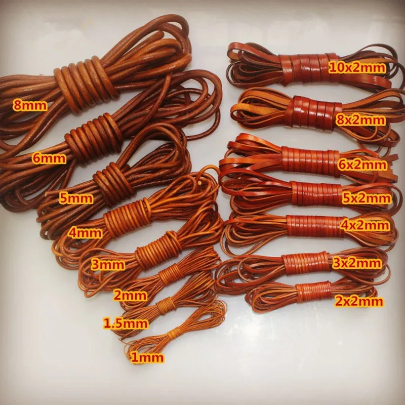 2 m 1,5–8 mm Retro braunes echtes Rindslederband für Schmuckzubehör, flaches rundes Riemenschnur, Seil, DIY-Armband, Halskette, Herstellung