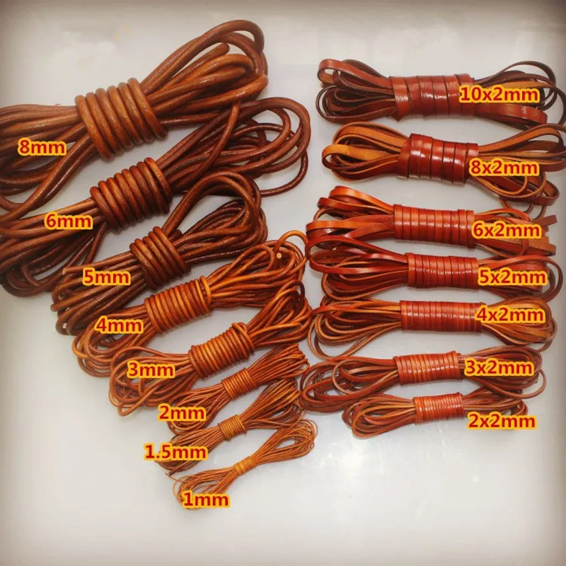 2M 2 3 4 5 6 8 mm Genuine Leather Cord Flat Round Retro Yellow Brown Cow  Leather Cords String Rope Bracelet Findings DIY Jewelry