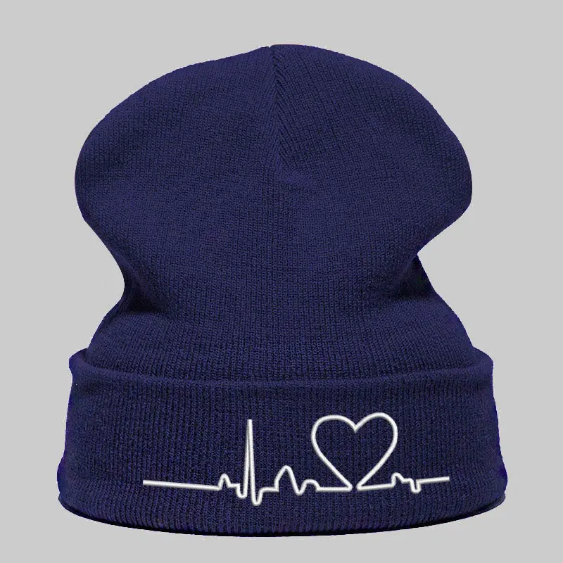 Beanie шляпа Skullie шапка, вязаная шапка-носок зима-осень письмо электрокардиограммы вышивка в стиле панк Для мужчин Для женщин для мальчиков и девочек для уличных танцев - Цвет: Navy