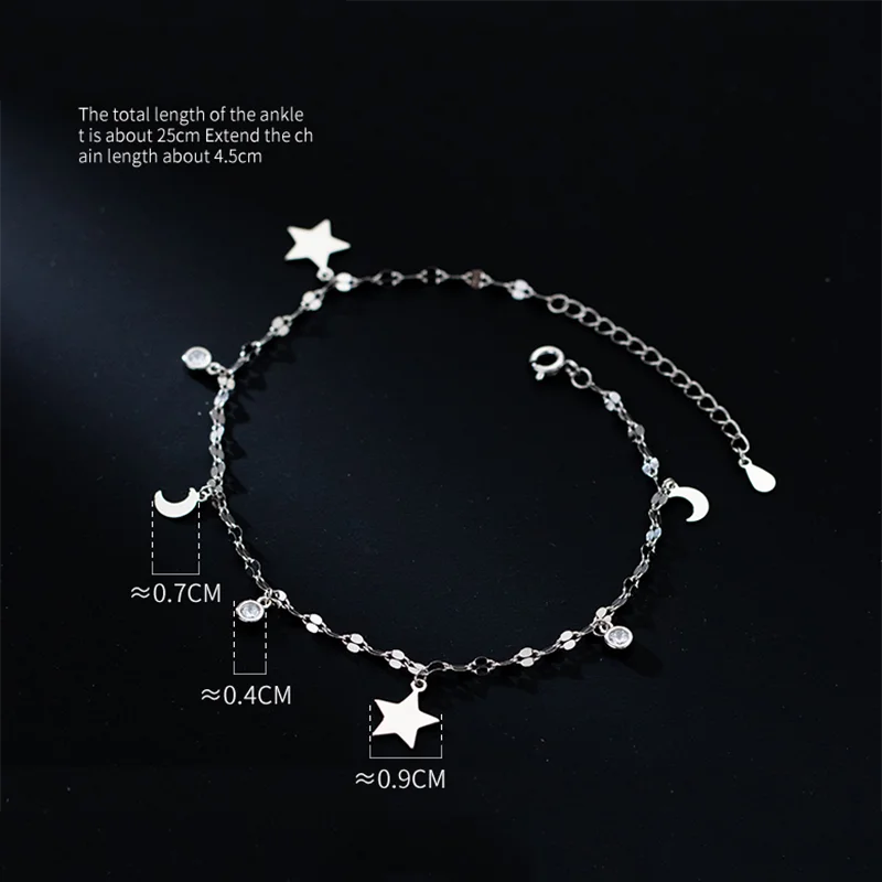 WANTME 925 Sterling Silver Luxury Shiny Zircon Star Moon Romantic Chain Anklet for Women Simple Fashion Korean Charm Jewelry