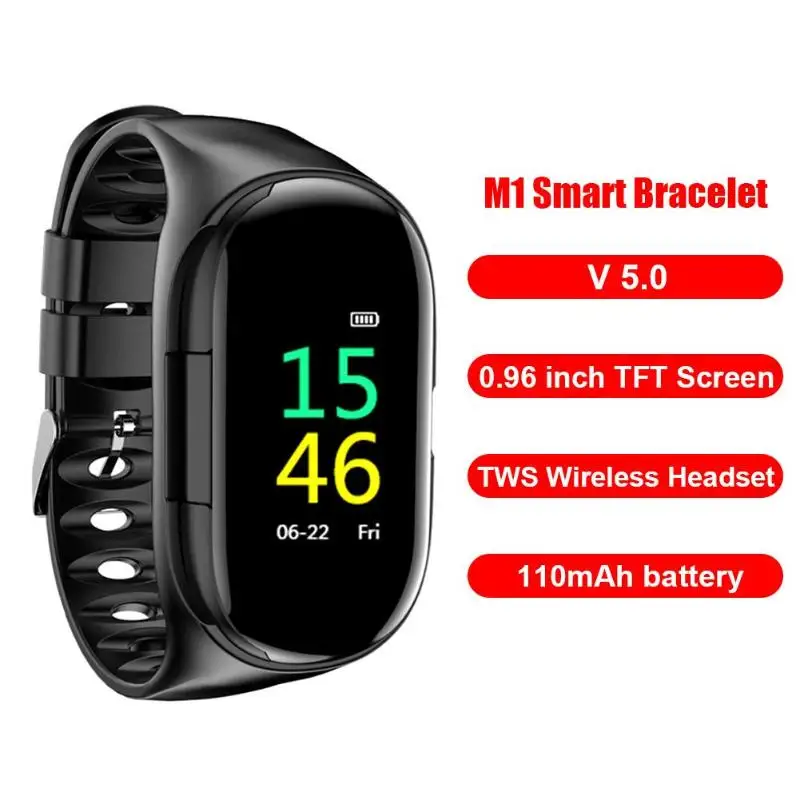 

M1 Smart Wristband with Wireless Bluetooth Headset Heart Rate 0.96 inch TFT Color Screen Alarm Clock Pedometer Monitor Bracelet