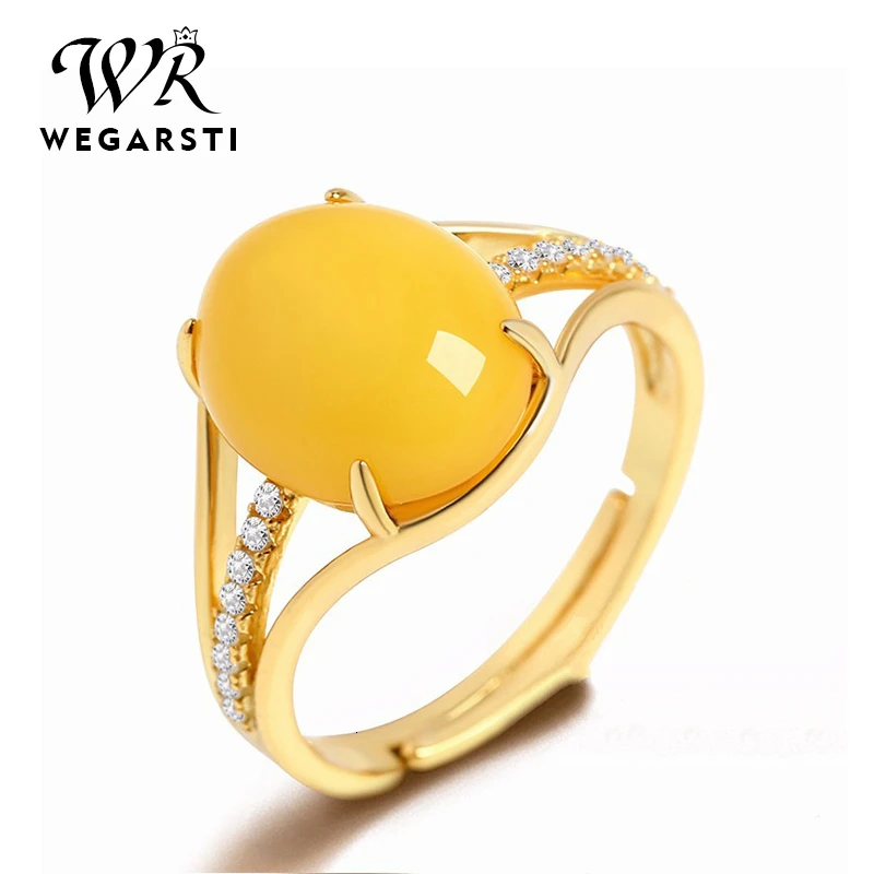

WEGARASTI Silver 925 Jewelry Rings for Women Fine Jewelry Natural Yellow Amber Ring Adjustable Size Wedding Gift