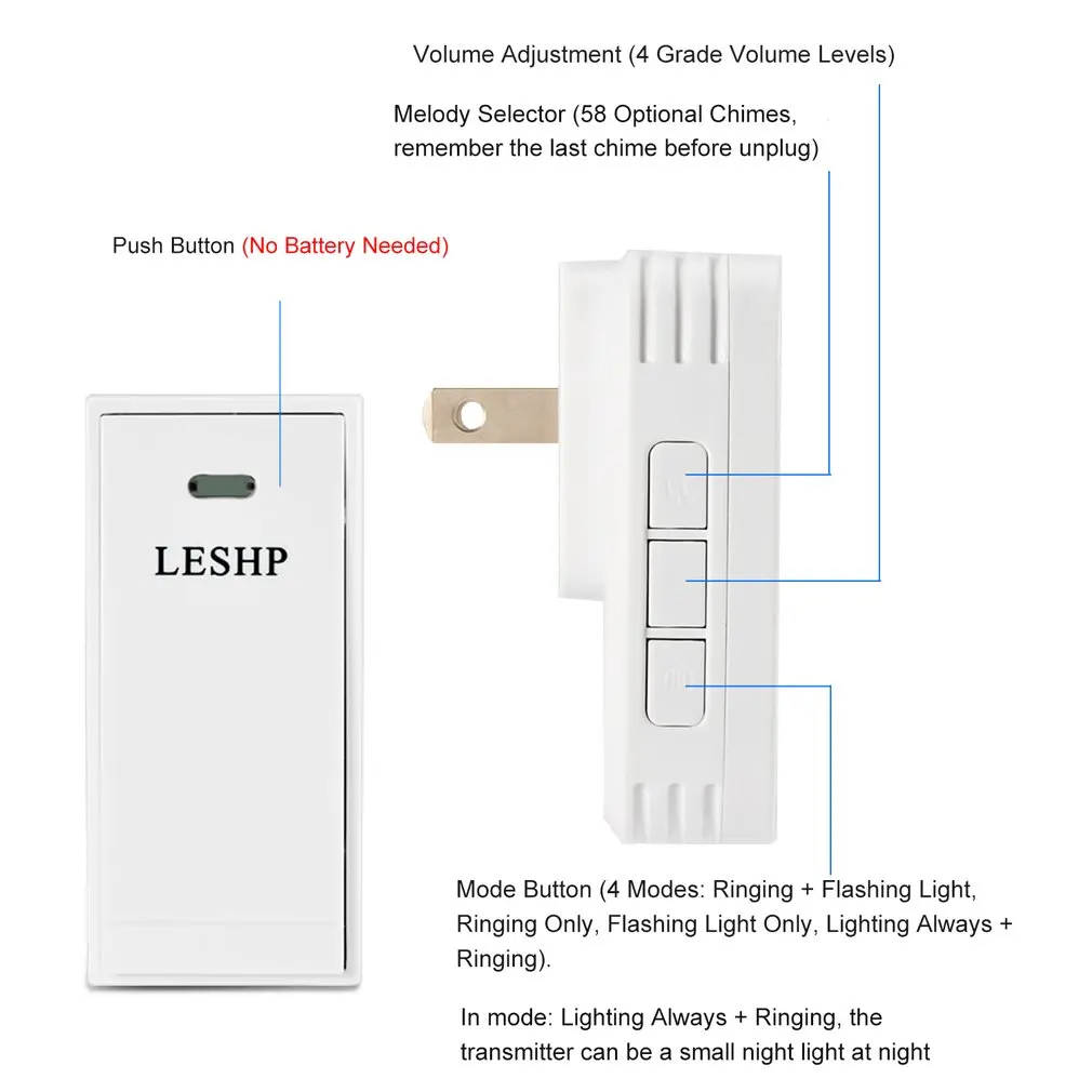 1 шт. LESHP простой в установке беспроводной музыкальный дверной звонок 150 м дальний пульт дистанционного управления ночной Светильник 58 частей аккорд музыки