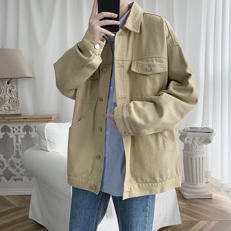 

Autumn Korean Denim Jacket Men's Fashion Solid Color Retro Casual Denim Jackets Mens Streetwear Loose Hip-hop Bomber Jacket Men