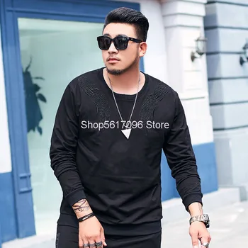 

Autumn Feather Embroidery Men's Wear Super Fat Man Plus Fat Plus Size Men Long Sleeve Round Neck Pullover Sweater