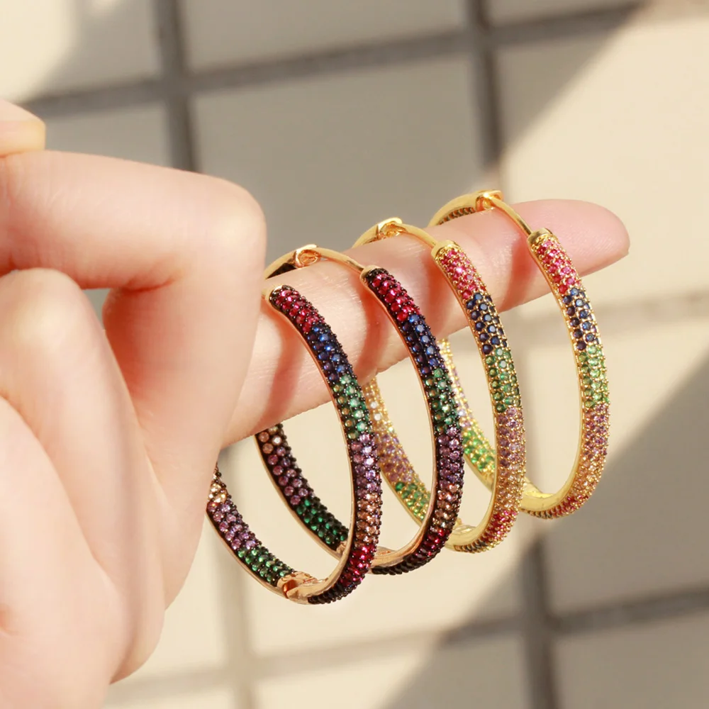 Pera Brand Designer Micro Multicolor Cubic Zirconia Paved Big Circle Gold Color Hoop Earring for Women Chic Wedding Jewelry E692