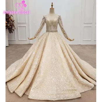 شراءبلورات كاملة سبارلكي قبالة الكتف الفاخرة الكرة ثوب الزفاف الدانتيل يزين دبي الفاخرة الزفاف زي العرائس