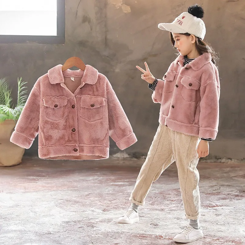 School Faux Fur Baby Coat Autumn Winter Pockets Single Breasted Teenage Jacket Coat Girl Pink Purple White Khaki Tops Children