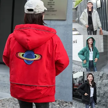 

Short Embroidered Printing Zipper Hooded Jacket Pocket Coats 2019 News Women's Fashion Winter Warm Hooded Coat