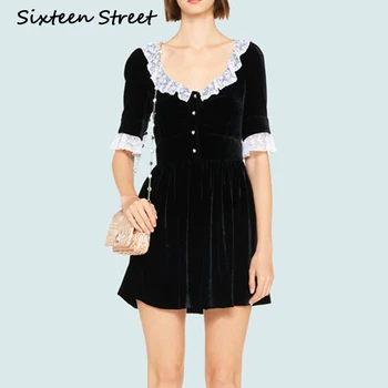 

New Summer Black Solid Velvet Dress Woman Short Sleeve Lace Round Neck Runway Design Mini Dress Female Party Street Bodycon
