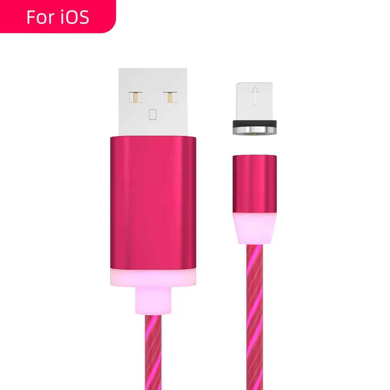Rose red For iPhone Струящийся Радужный светящийся светодиодный магнитный кабель usb type-C для huawei P30 samsung S9, провод 2,4 А, быстрая зарядка, микро кабель для передачи данных для iPhone - Цвет: Rose red For iPhone
