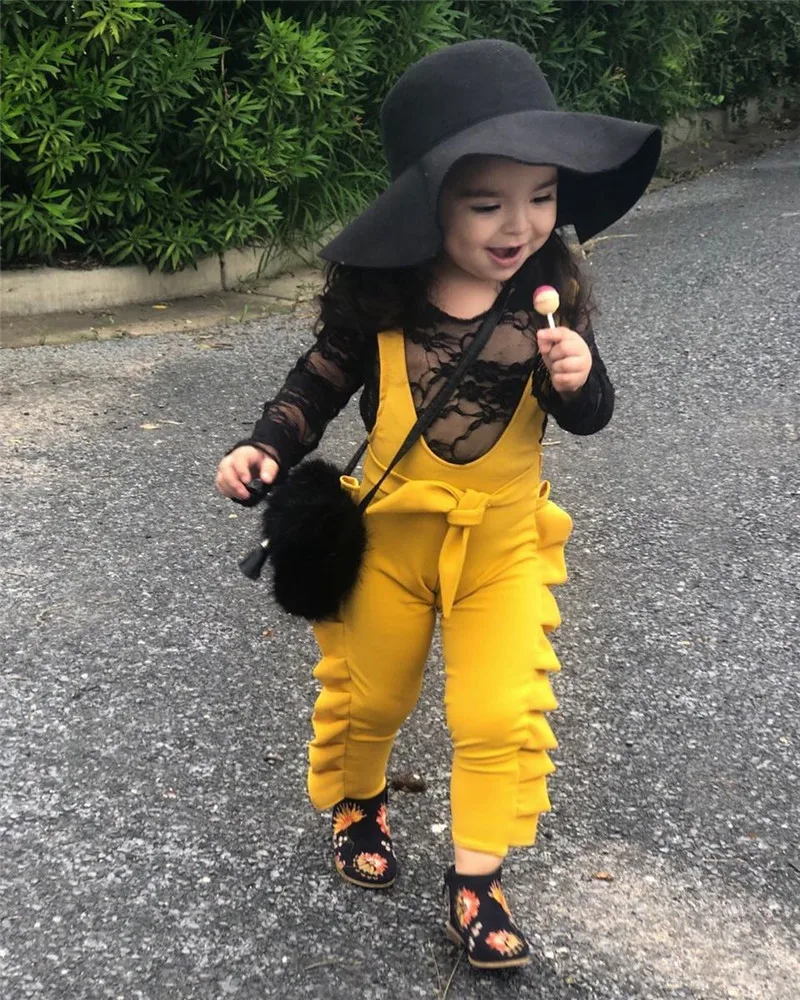 Cute Fold Overall Romper Baby Girls Clothes Jumpsuit Bow-knot Print Ruffle Decor 0-5Y Age Ifant Toddler Newborn Outfits Set