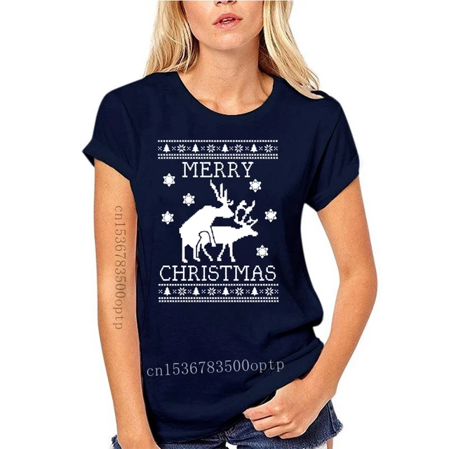 New 2021 Cotton Reindeer Humping Ugly Christmas Sweater T-Shirt Merry Xmas Party Present Gift Short-Sleeve T-Shirt bule