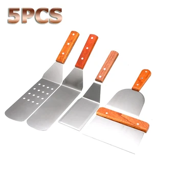 

5Pcs/set Stainless Steel Spatula with Wood Handle Grill Griddle Salad Scraper Chopper BBQ Baking Cooking Kitchen Utensils Tools