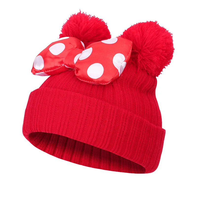 От 1 до 9 лет; Новинка; сезон осень-зима; детская шапка с бантом; милая вязаная шапка с Минни Маус для маленьких девочек; шапки с Микки Маусом; теплая детская шапка - Цвет: red