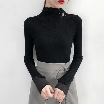 

Fashion Mesh Stitching Turtleneck Sweaters Casual Bottoming Shirt Women Ruffles Sweaters