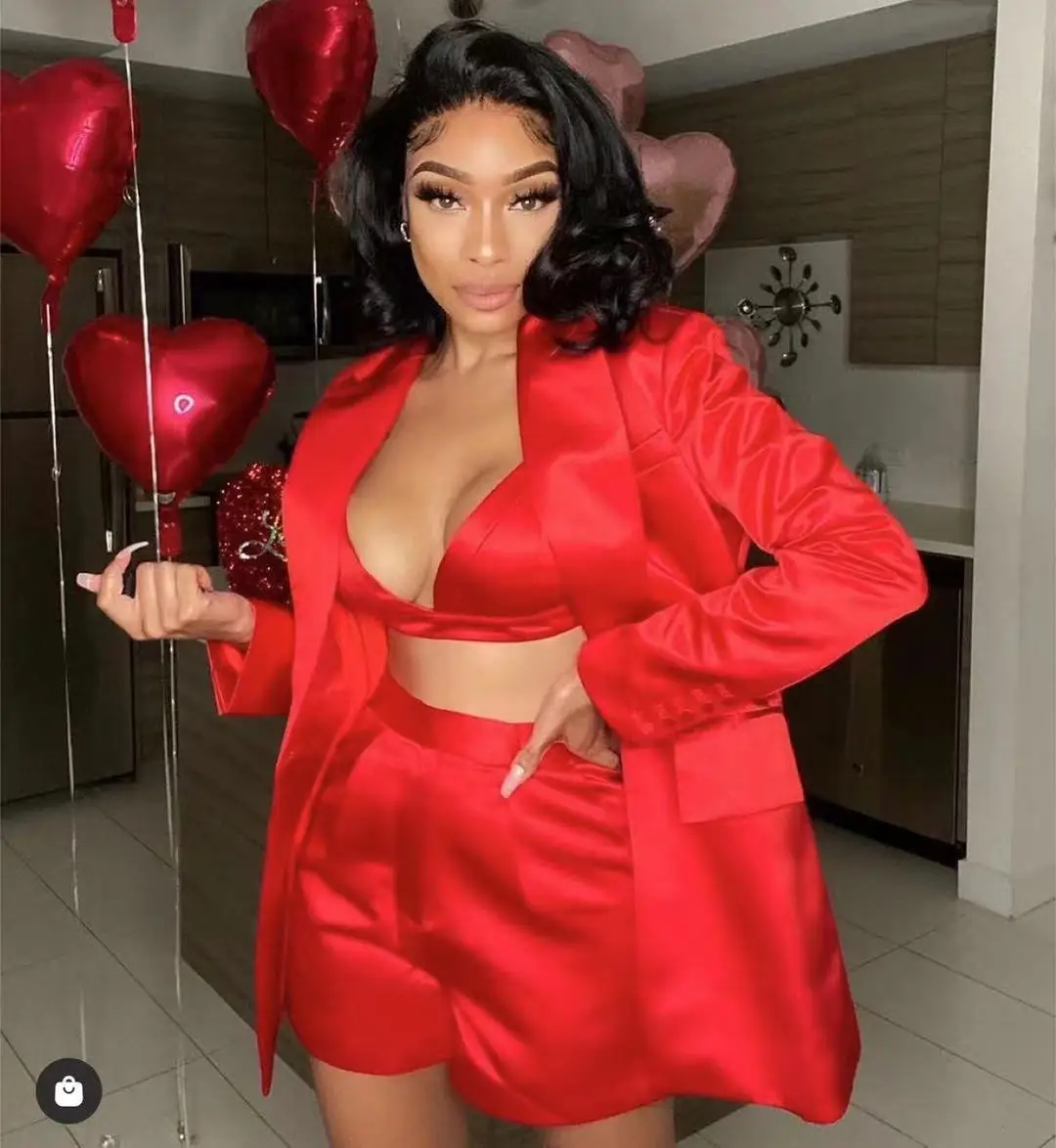 

High Street New Trendy Red Three Pieces Bandage Suit Vintage Elegant Sexy V Neck Celebrity Party Satin Blazer Tops Shorts Set