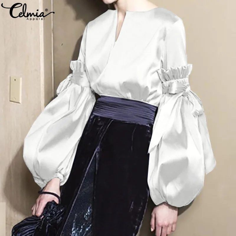  Elegant OL Solid Blouses Women Celmia Summer Lantern Sleeve Bow OL Tops Casual Sexy V-Neck Shirt La