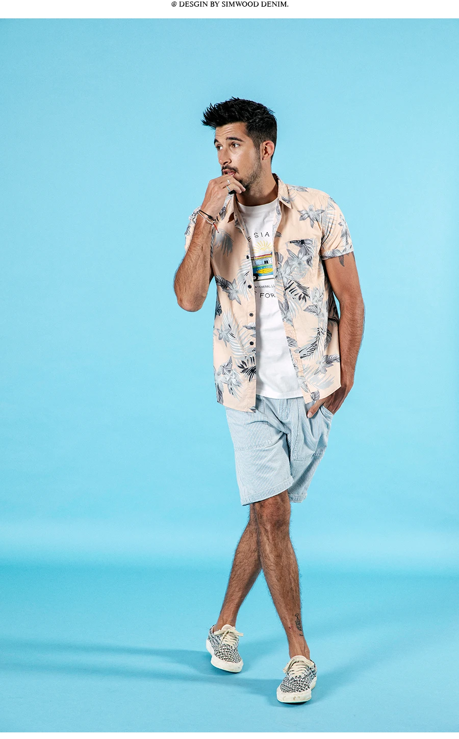 Мужская гавайская рубашка SIMWOOD, рубашка с короткими рукавами и цветочным принтом из дышащей ткани, новая модель 190263 для отдыха из хлопка, одежда большого размера на лето