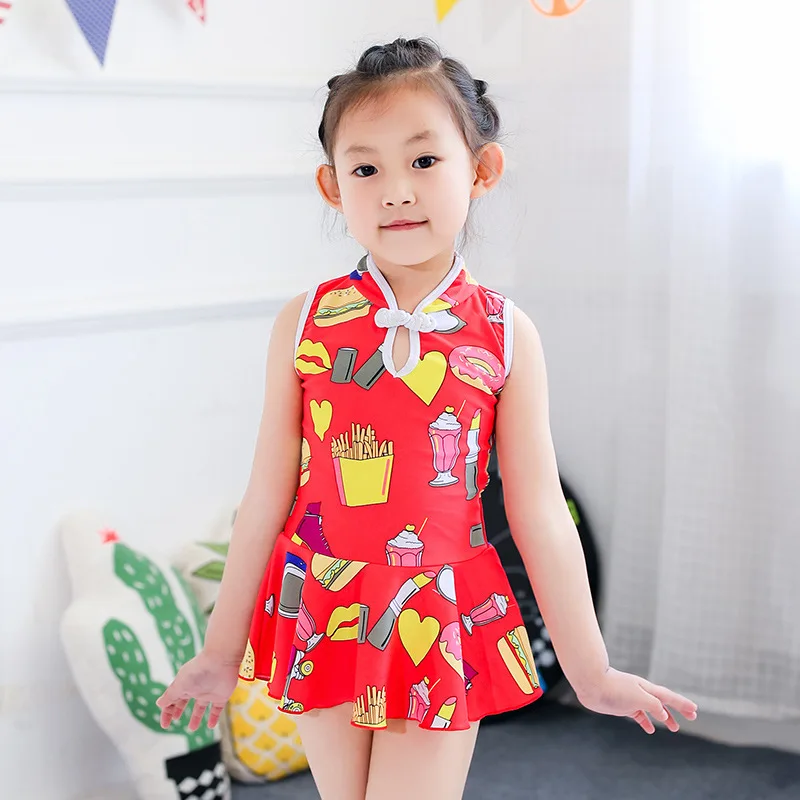 

2017 New Style Retro Small Cheongsam One-piece Swimsuit for Children Girls Split Type Two-Piece Set Children Bathing Suit Beachw