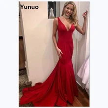 Элегантные атласные вечерние платья Красные Длинные V шеи без рукавов вечерние платья русалки развертки поезд открытой спиной Robe De Soiree