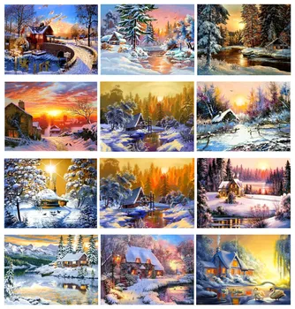 

Yikexin 5D Diamond Painting Full Round Sunset Landscape DIY Diamond Art Embroidery Winter Scene Home Decoration