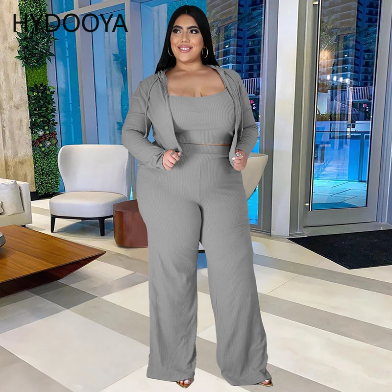 Plus Size 3 Piece Sets Women Clothing Chic Full Sleeve Hooded Coat+camisole Crop Top+loose Wide Leg Pants Dropshipping Wholesale