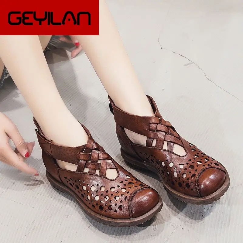 

Summer Women Boots Casual Ankle Boots Genuine Leather Cut-outs Sandals Retro Handmade Women's shoes Hook&Loop Flat Boots