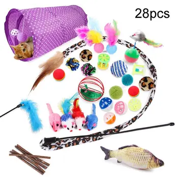 

28pcs Cat Toy Set Folding Tunnel Funny Play Stick Bell Ball Feather for Kitten B0KC