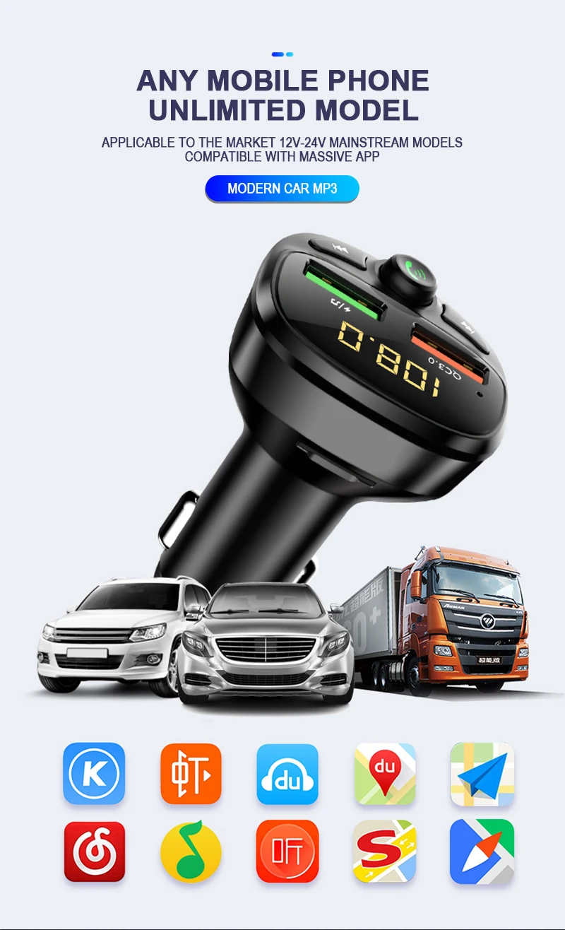 Автомобильный fm-передатчик Bluetooth 5,0, беспроводной комплект для громкой связи, Автомобильный MP3-плеер, быстрая зарядка, двойное USB Автомобильное зарядное устройство, fm-модулятор
