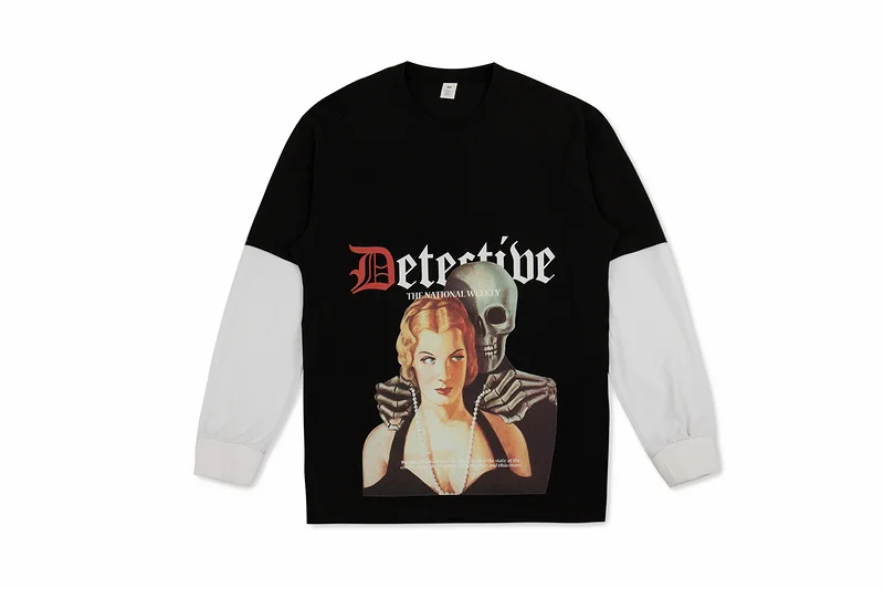 

2019 New Color Blocking Lady with Skull Printed Women Men Long Sleeve T shirts tees Hiphop Streetwear Cotton T shirt