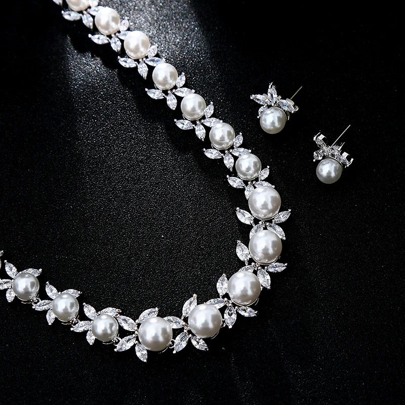 Luxury Crystal Romantic Fashion Set Jewelry Floral Design Pearl CZ Bridal Wedding Jewelry Set Silver Lady Jewelry Accessories