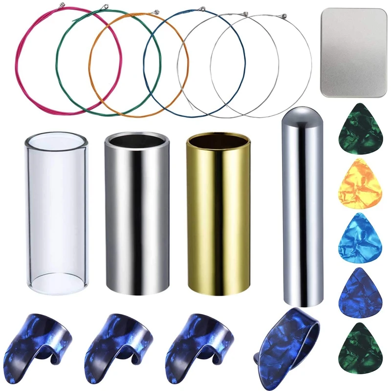 

Guitar Set 3Pcs Slider, 1 Guitar Pickup Stick 4 Finger Picks, 6 Guitar Strings and 5 Guitar Picks (Random Color) with Metal Box