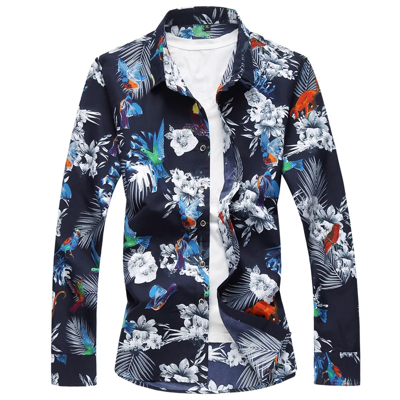 Осенне-весенняя одежда, мужская рубашка с длинным рукавом, блуза большого размера M-5XL 6XL 7XL, гавайская пляжная Повседневная рубашка с цветочным принтом для мужчин - Цвет: 203 ASIAN SIZE
