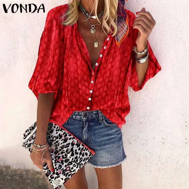 VONDA, женские туники с принтом, топы,, летние пляжные рубашки, винтажные офисные женские блузки, повседневные свободные женские блузки размера плюс