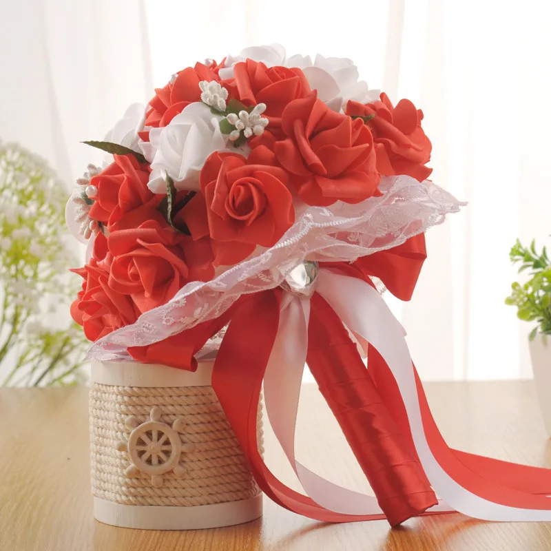 Elegant Bride Hands Holding Bouquet Romantic Rose Flower Pearl Crystal Wedding Bridal/Bridesmaid Bouquet Satin Flower