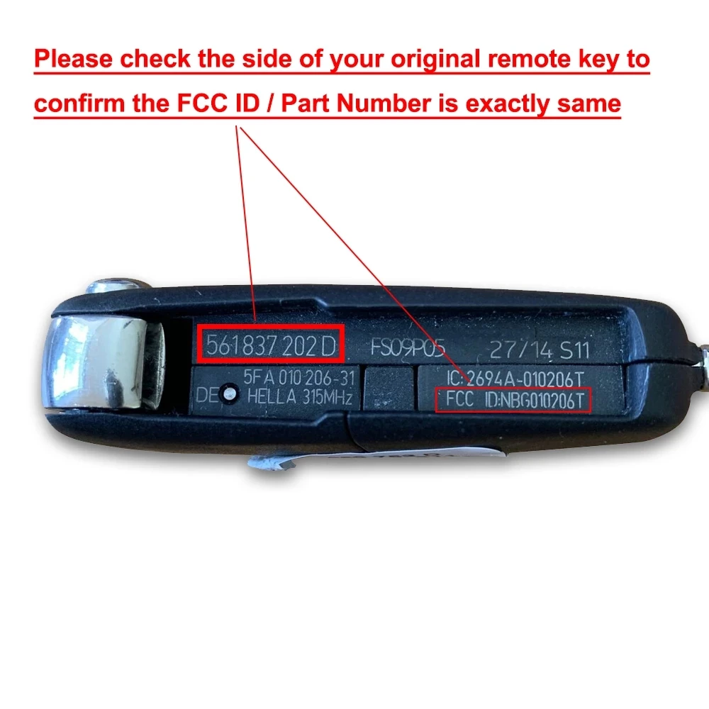 KEYECU Aftermarket P/N: 561 837 202A/ 561 837 202D FCCID: NBG010206T FOR VW Flip Remote Key 4 + 1 Button 315MHz 561837202 D/A
