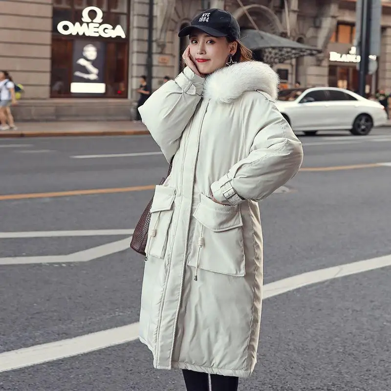 White Parkas Зимняя куртка, Женская парка, свободный, толстый, теплый, длинный пуховик, хлопковое пальто для женщин, большой размер, с подкладкой, с капюшоном, на молнии, зимнее, Женское пальто, Q2077 - Цвет: White Parkas