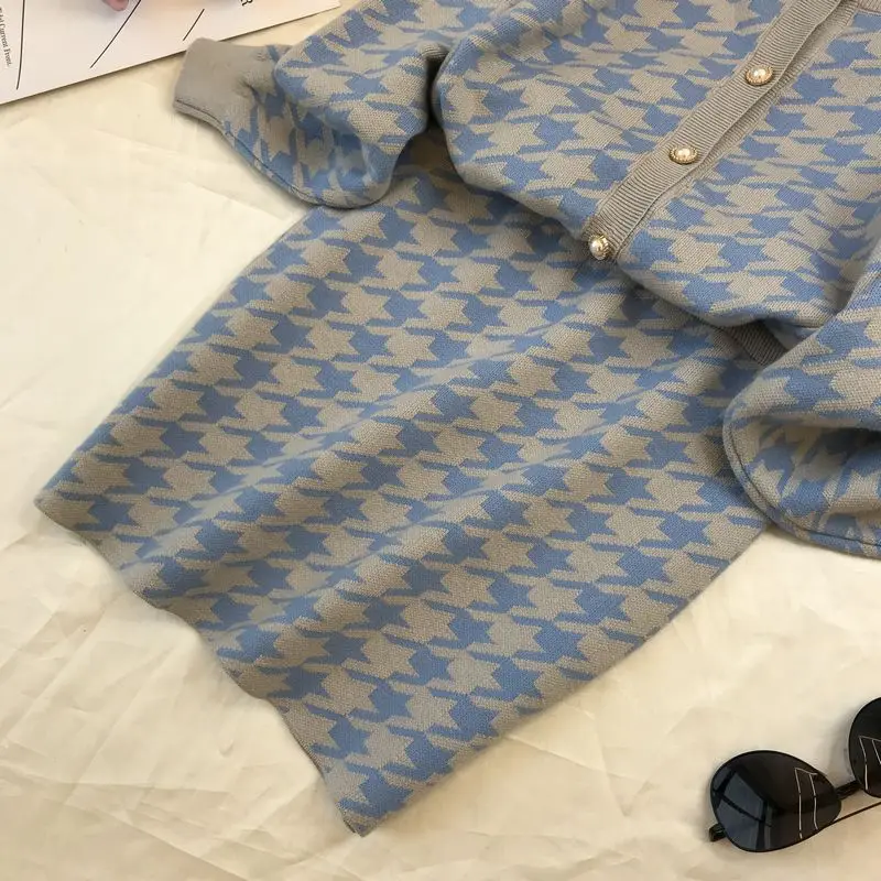 ALPHALMODA/женские кардиганы и юбки, модный вязаный комплект из 2 предметов с рисунком «гусиная лапка», свитер с длинными рукавами, мини-юбка, комплект из 2 предметов