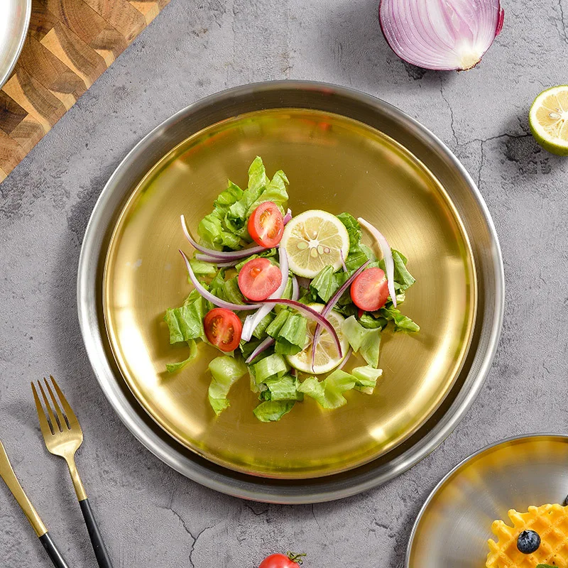 1pcs 17cm stainless steel dish single layer thickened Golden Disc dessert plate et Dinner plate