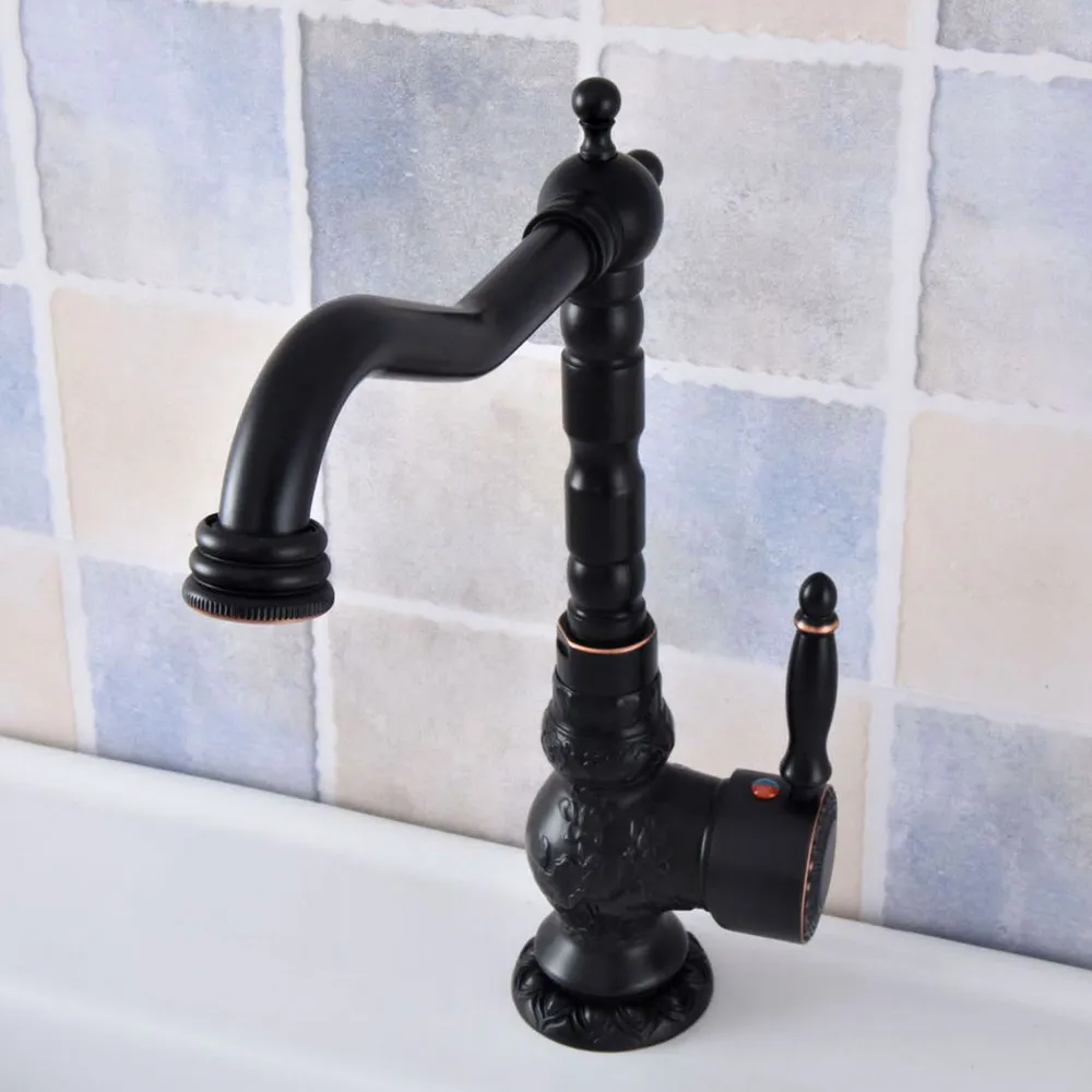 

Латунный Смеситель для раковины, резной кран с черным масляным покрытием и одной ручкой, одно отверстие, для ванной и кухни, поворотный носик, msf624