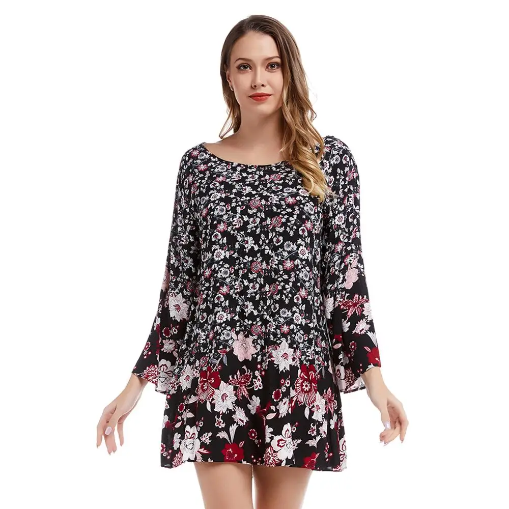 

SUNGIFT 2020 Ladies Bohemian Cotton Print Casual Loose Round Neck Nine-point Sleeve Spring and Summer Dress Party Vacation Cloth