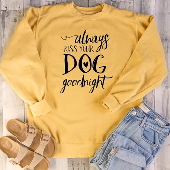 

Women Dog Lover Funny Cute Heart Graphic Slogan Pullovers Vintage Gift Tops Always Kiss Your Dog Good Night Sweatshirt