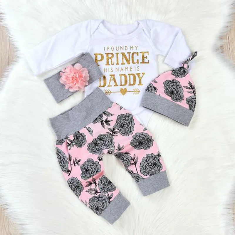 

4pcs baby girls Romper + flower + Pants + headband + hats Sets Baby 2018 new spring suits clothes cotton suits for newborns