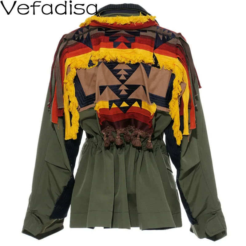 

Vefadisa Autumn Cotton+Polyester Patchwork Coat Tassels Streetwear Loose Coat Lace Up Double Breasted Coat Woman 2019 QYF466