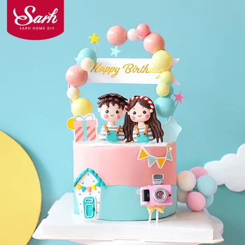 

Blue Candy balls Rainbow shape Striped Shirt Boy Girl Happy Birthday Cake Topper Kid Party Supplies Pink Love Gifts