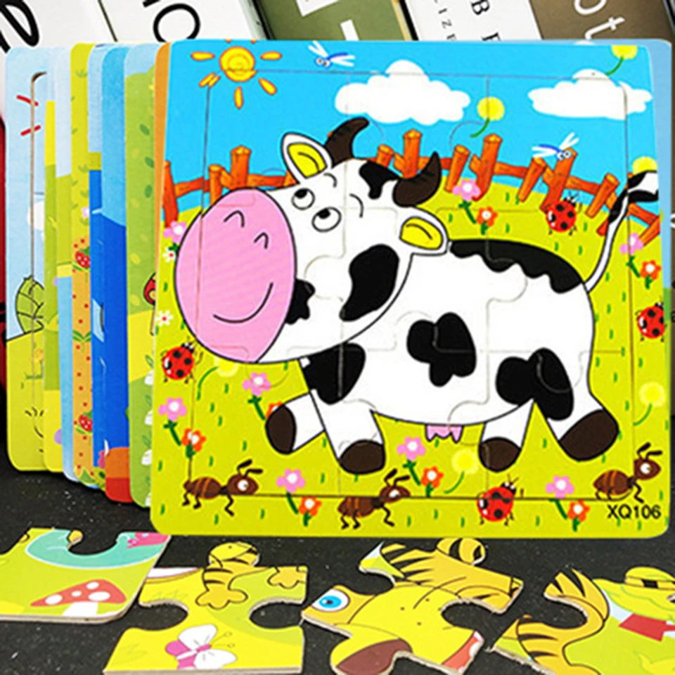 9 Pieces Kids Puzzle Toy Animals and Vehicle Wooden Puzzles Jigsaw Baby Educational Learning Toys for Children Gift